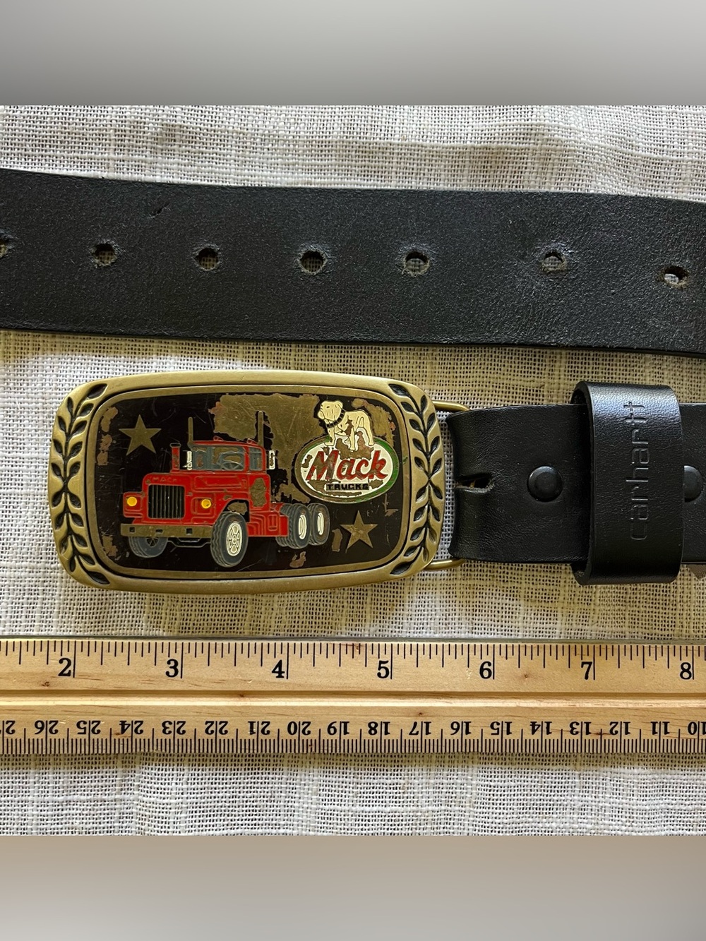 Vtg Mack Truck Brass & Enamel Buckle on a Black Leather Carhartt Belt